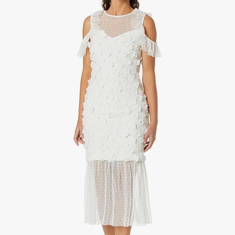 Elliatt White Sheath Midi Dress with Ruffled Cutouts